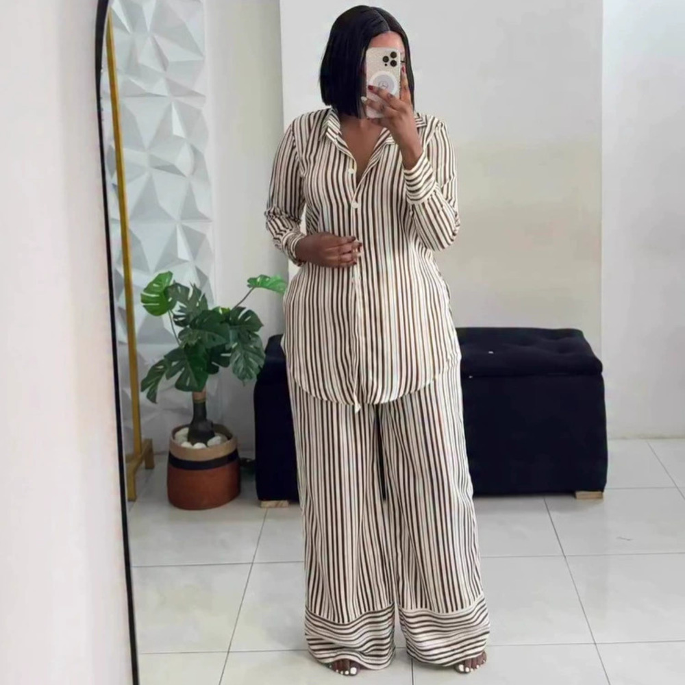 ZARA Women Striped Long Sleeve Collared Shirt Set Plus Size African Casual Pants
